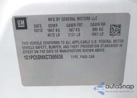 2012 Chevrolet Cruze Ls из США, поврежденный, VIN 1G1PC5SHXC7266636